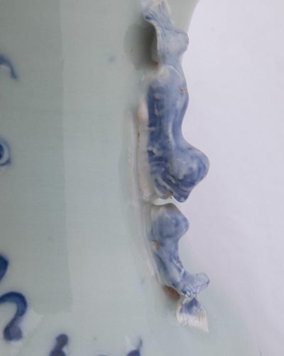 Antique Chinese Porcelain Celadon Ground Vase Blue & White Precious Things Lion Dog Handles baluster shape flared trumpet neck Qing dynasty late 19thC 42cm high 20.6 cm diameter 3.65 kg