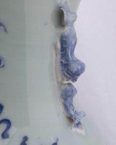 Antique Chinese Porcelain Celadon Ground Vase Blue & White Precious Things Lion Dog Handles baluster shape flared trumpet neck Qing dynasty late 19thC 42cm high 20.6 cm diameter 3.65 kg