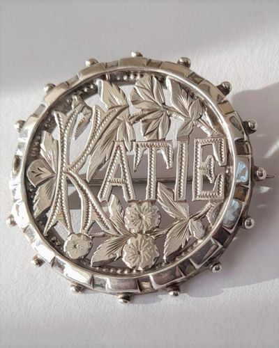 Antique Victorian Katie Silver Name Brooch Round Shape Pierced Engraved circa 1890