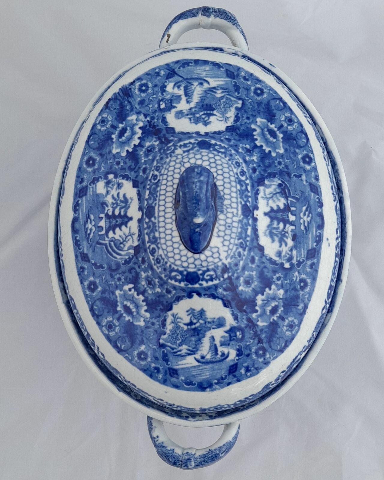 Herculaneum Pottery Blue & White Pearlware Warming Tureen Net Pattern
