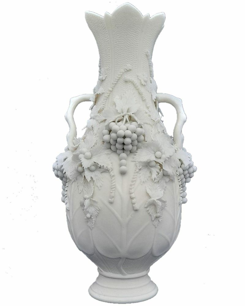 Victorian Parian vase decorated with applied grapevines & tendrils baluster shaped serrated flared rim Samuel Alcock antique ca 1850 25.4cm H 0.64 kg