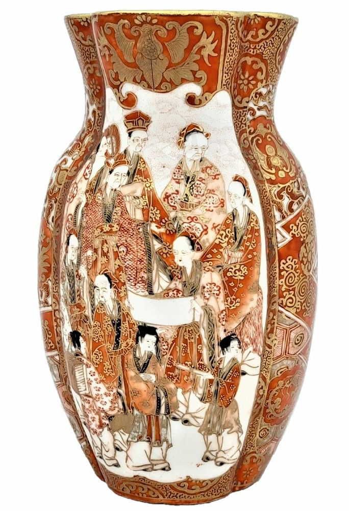 Antique Japanese Kutani Porcelain Vase decorated in iron red and enamel brocade - aka-e kinran-de made in the  Meiji period circa 1885 - signed Kaga San Pu Do - painted by Kasama Shuseki of  Kanazawa  in the Kaga Prefecture 15.2 cm high 9.2 cm wide weighs 370 grammes unpacked.