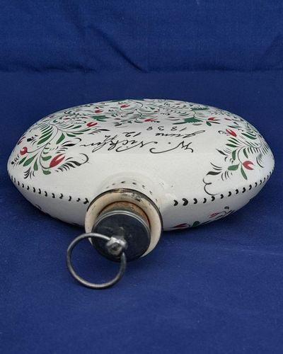 Pearlware Prattware Spirit Flask Inscribed W. Nicklin June 12th 1838 - Antique Pilgrim Flask high temperature underglaze colours green black & red