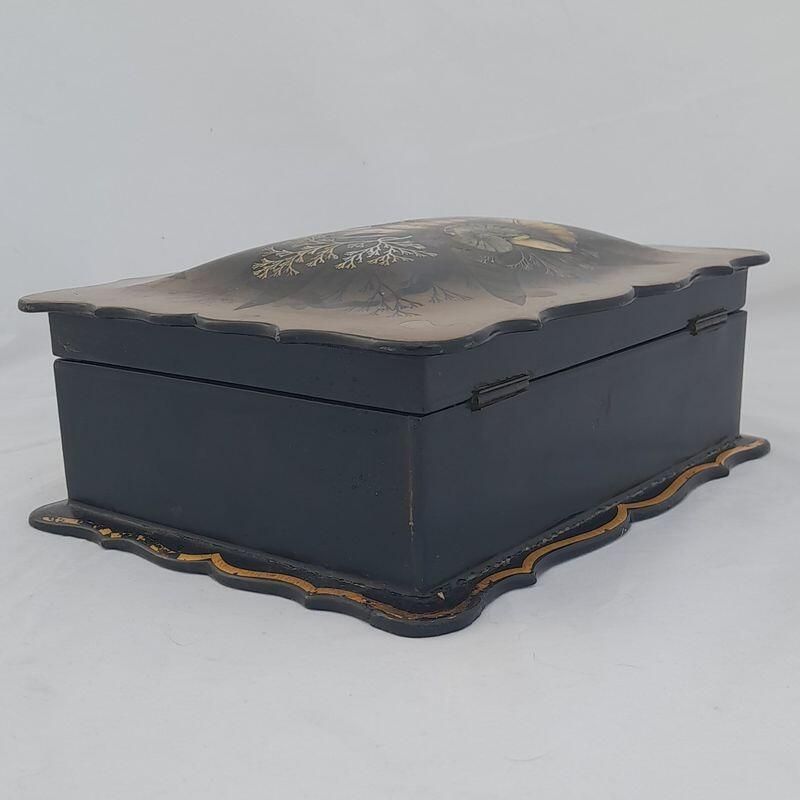Right back - Papier Mache Jewellery Box scalloped rim & hand painted Shells Seaweed & kelp design with Inlaid Mother of Pearl - Antique Victorian Conchology c 1850