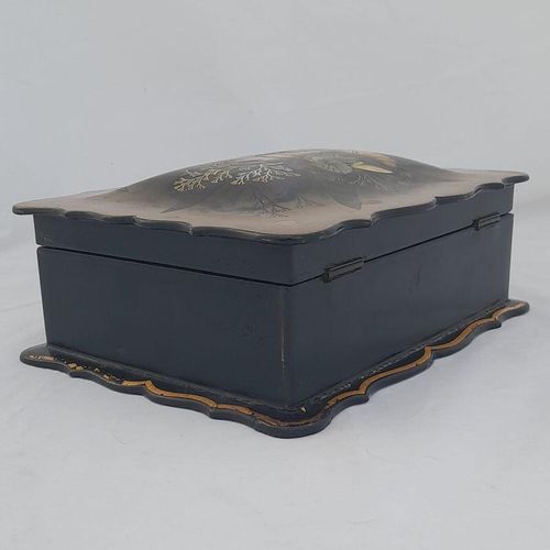 Right back - Papier Mache Jewellery Box scalloped rim & hand painted Shells Seaweed & kelp design with Inlaid Mother of Pearl - Antique Victorian Conchology c 1850