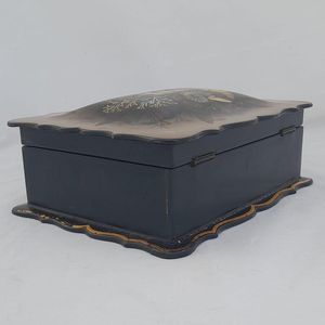 Right back - Papier Mache Jewellery Box scalloped rim & hand painted Shells Seaweed & kelp design with Inlaid Mother of Pearl - Antique Victorian Conchology c 1850