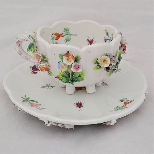 back - Dresden porcelain cup & saucer applied flowers hand painted insects antique late 19th C - lobed shape on six stilt feet - Meissen style - monogram JR