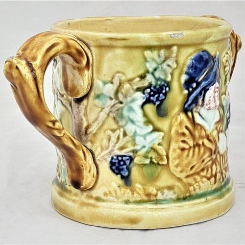 back right -Miser  -Novelty Frog Loving Cup Jolly Topers - Prattware underglaze coloured - Kilnhurst Pottery Yorkshire - moulded The Miser & Grapevines - Antique c 1860