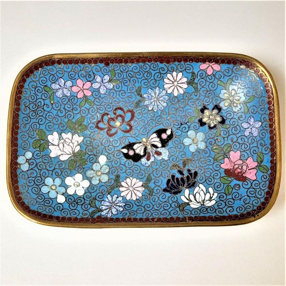 Top view - Japanese shippo cloisonne turquoise enamel bracket footed small rectangular dish decorated with butterfly & flowers - Antique Meiji period circa 1900
