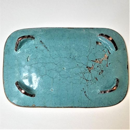 Bottom view - Japanese shippo cloisonne turquoise enamel bracket footed small rectangular dish decorated with butterfly & flowers - Antique Meiji period circa 1900