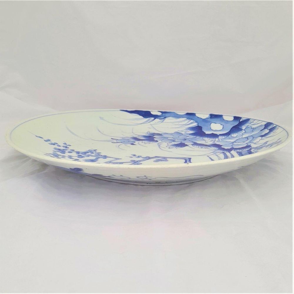 side view top left - Large Japanese Arita Porcelain Charger Painted Blue & White Bird of Paradise in Prunus Tree - antique circa 1870 19th C Meiji 41 cm diameter 2.29 kg