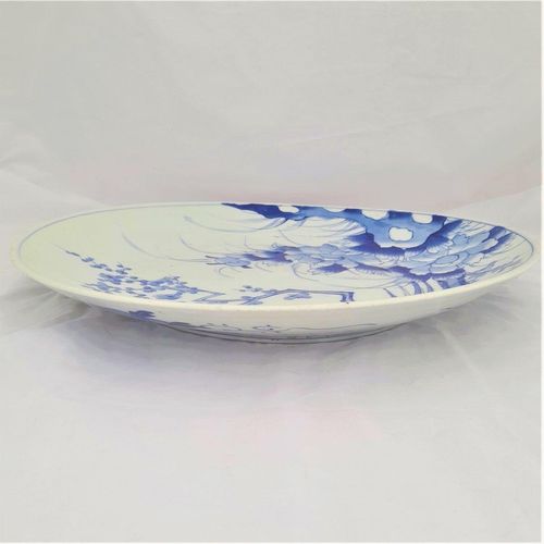side view top left - Large Japanese Arita Porcelain Charger Painted Blue & White Bird of Paradise in Prunus Tree - antique circa 1870 19th C Meiji 41 cm diameter 2.29 kg