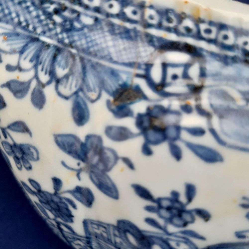 Detail outer repair view - Chinese Export Porcelain Blue & White Sauce Boat Garden Terrace Pattern with River & Island - Bulbous shape Gadrooned & unfooted - Qianlong Qing 1760
