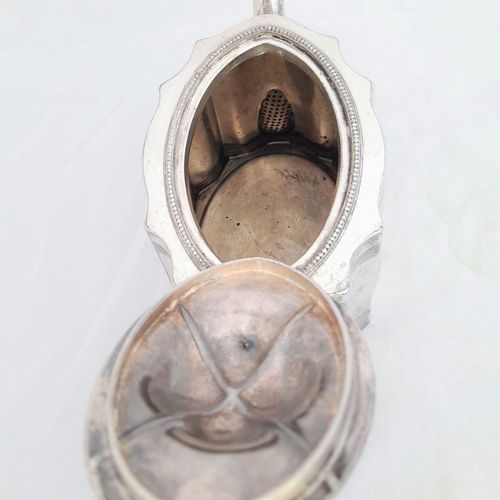 Top down inside view - James Dixon & Sons silver plated Commode shaped EPBM tea pot engine engraved design - antique George V circa 1920 2 pint capacity