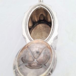 Top down inside view - James Dixon & Sons silver plated Commode shaped EPBM tea pot engine engraved design - antique George V circa 1920 2 pint capacity