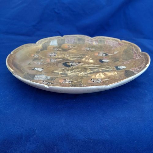 side left view - Japanese Satsuma Pottery Low relief Moulded Plate Painted Immortals or Lucky Gods with Halos marked Satsuma & Shimazu mon - Antique Meiji circa 1900