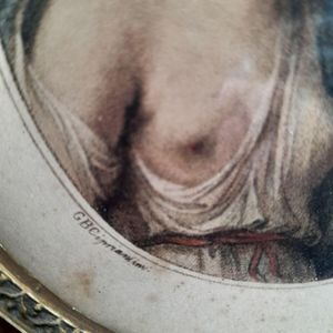 Detail of Cipriani credit : Antique Francesco Bartolozzi hand coloured stipple engraved Print of a Bacchante after a painting by Giovanni Battista Cipriani circa 1780 Oval Frame