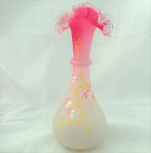 Antique Frilled Pink Enamelled Opaline Glass Vase Bohemian c 1890