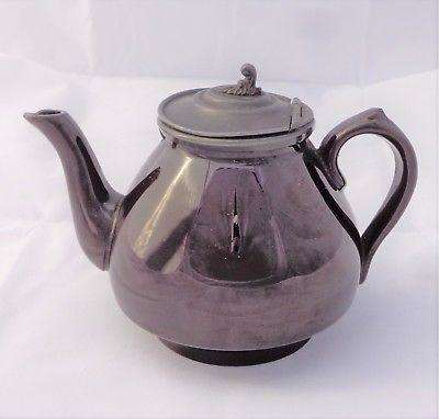 Antique Victorian Teapot Treacle Glazed Small Gourd Shaped Pewter Lid Rockingham
