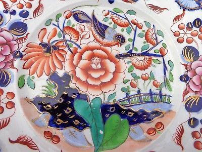 Antique Ironstone Plate Painted Bird Rock & Fence Imari Fan Moulded Border c1820