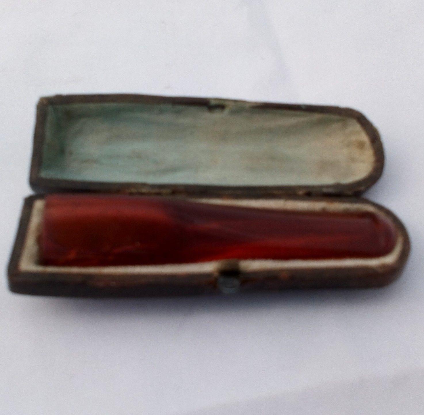 Amber Cigar Cheroot Holder Original Leather Covered Wooden Case Antique 19thC
