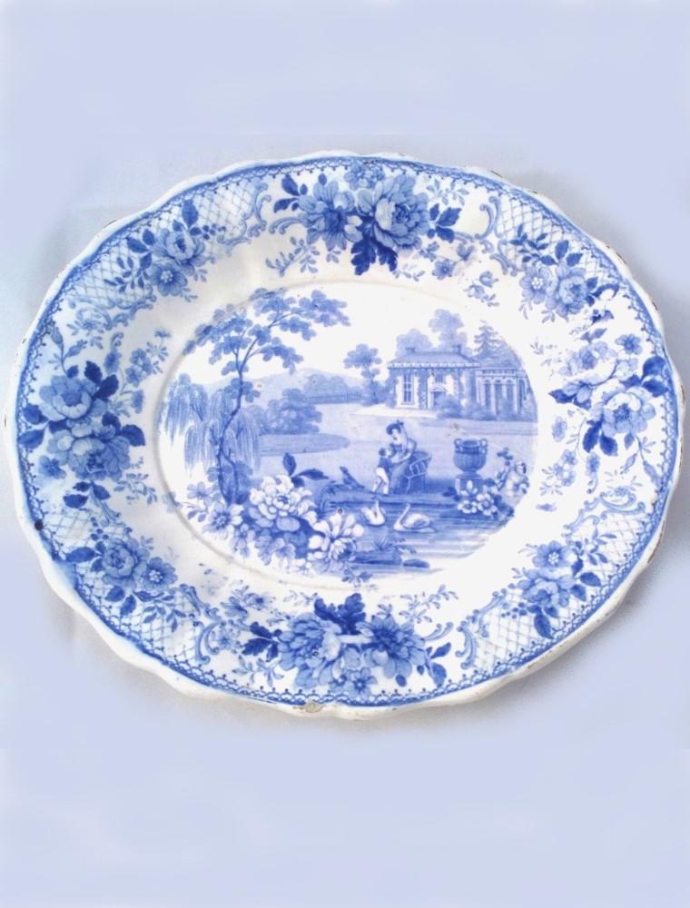 Antique Oval Plate Blue & White Transferware Domestic Scenery Patt S & J Burton