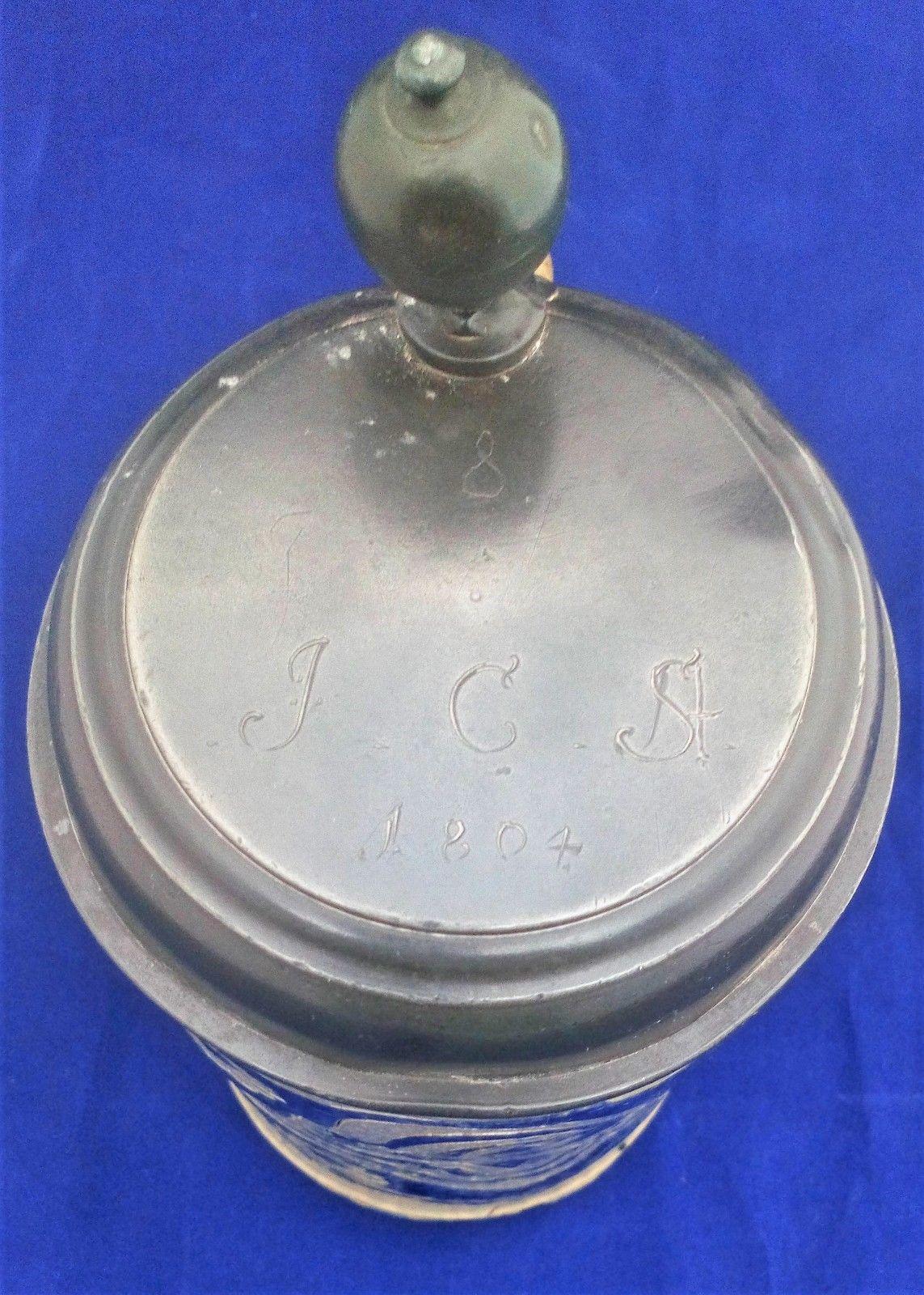 Antique Westerwald Salt Glazed Stoneware Tankard Blue Pewter Lid Dated 1804 JCS