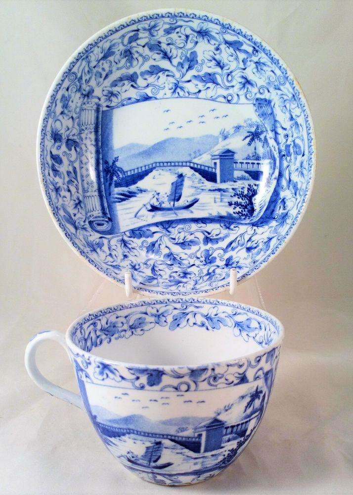 Wedgwood Bone China Bute Shape Tea Cup & Saucer Blue Transferware c 1815 no 2