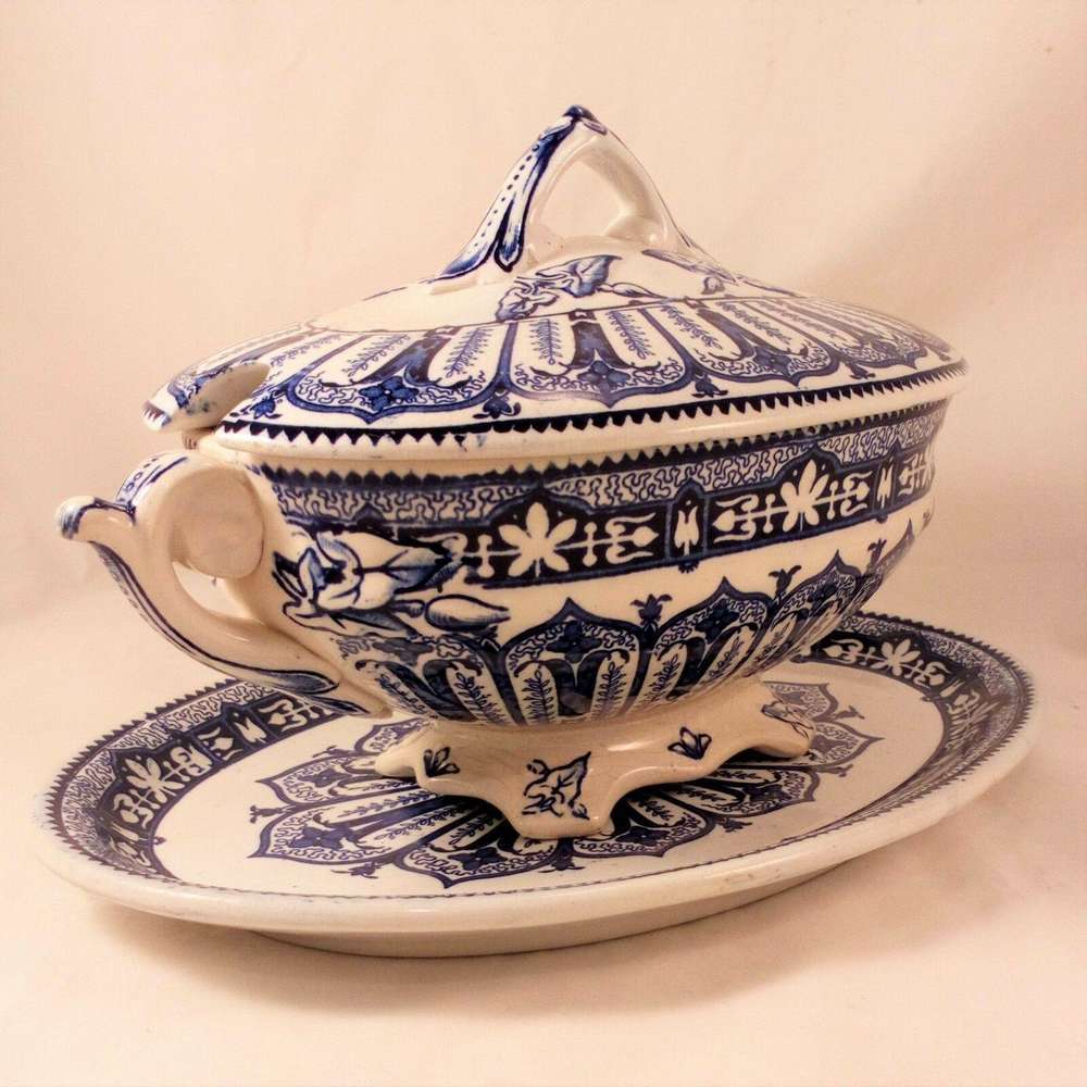 Antique Blue Transferware Sauce Tureen and Stand Burgess & Leigh Aesthetic c1880