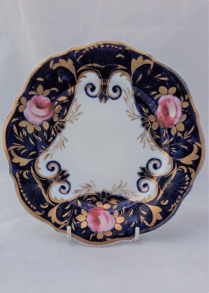 English Regency Porcelain Plate Painted Pink Roses Gilded Blue Ground c 1815