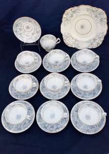 Porcelain Part Tea Set Blue Seaweed or Fibre Pattern Possibly CJ Mason c 1845