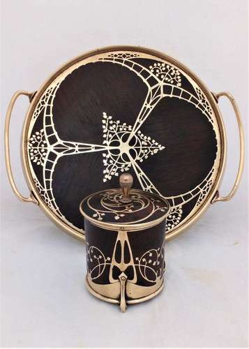 Art Nouveau Wood and Brass Inlaid Tray Tobacco Jar Erhard & Söhne.
