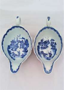 Pair Chinese Porcelain Blue White Sauce Boats Boy and Buffalo Qianlong Qing 1780