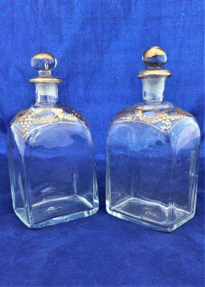 Pair Georgian Dutch Style Glass Spirit Decanter Antique c 1800 Gilded Grapevines