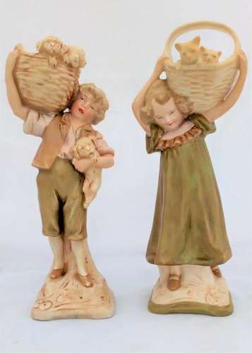 Royal Dux Ceramic Pair Figurines Boy Pups Girl Kittens 1341 c 1920