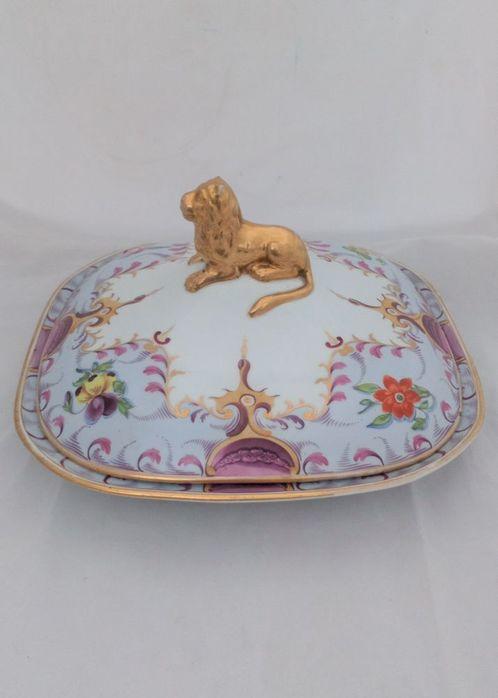 Regency Hand Painted Ironstone Entree Dish Gilt Lion Handle Antique c 1820