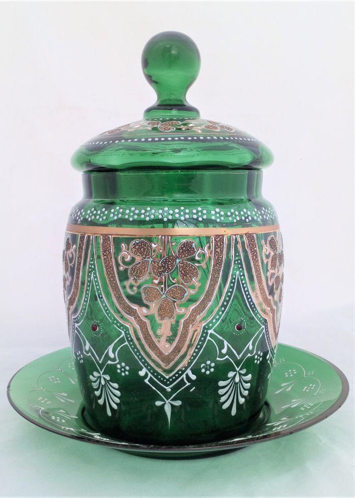 Green Glass Biscuit Barrel and Stand Enamelled Gilded Jewelled Antique Victorian c 1880