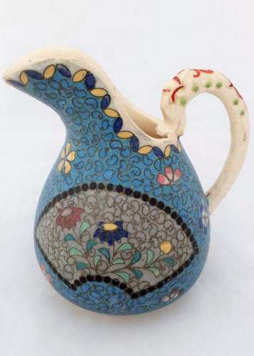 apanese Totai Shippo Cloisonne Pottery Jug Dragon Handle Floral Design c 1890