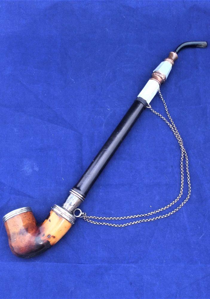 Antique Meerschaum Kalmasch Reading Pipe Churchwarden Mother of Pearl and Copper decorated stem  Pipa 烟斗  circa 1850