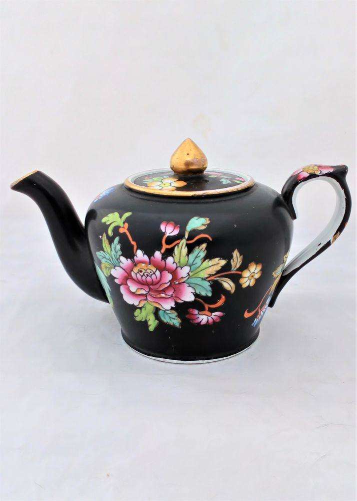 Antique Davenport Pottery Transfer printed Chrysanthemum Floral Spray Teapot with a Matt Black Ground circa 1860