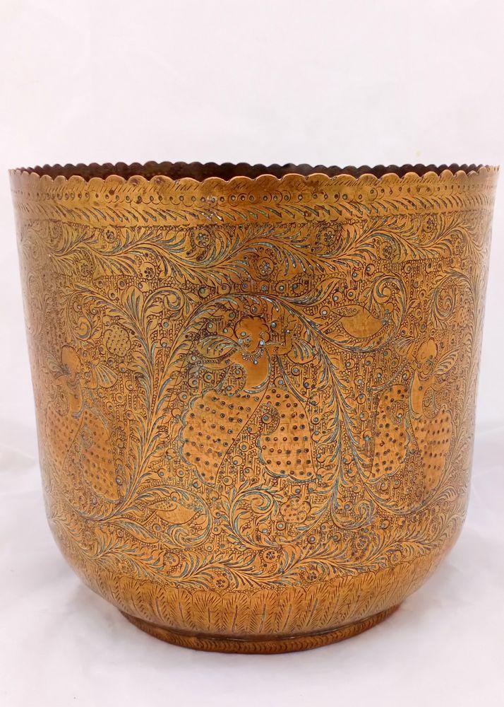 Antique Indian Brass Jardiniere Planter Scalloped Rim Chased Decoration with Hindu Diety Garuda 19th C