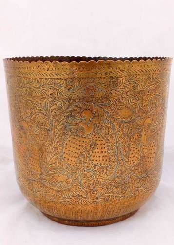 Antique Indian Brass Jardiniere Planter Scalloped Rim Chased Decoration with Hindu Diety Garuda 19th C