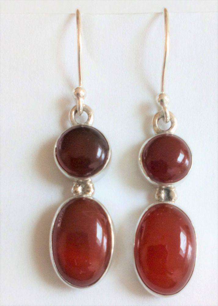 Antique Edwardian to 1920s Silver and Carnelian Dropper Earrings on French Hooks
