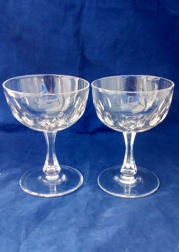 Pair of Antique Victorian Champagne Saucers or Coupes Thumb Cut Bowl and Hexagonal Section Faceted Baluster Stems circa 1900