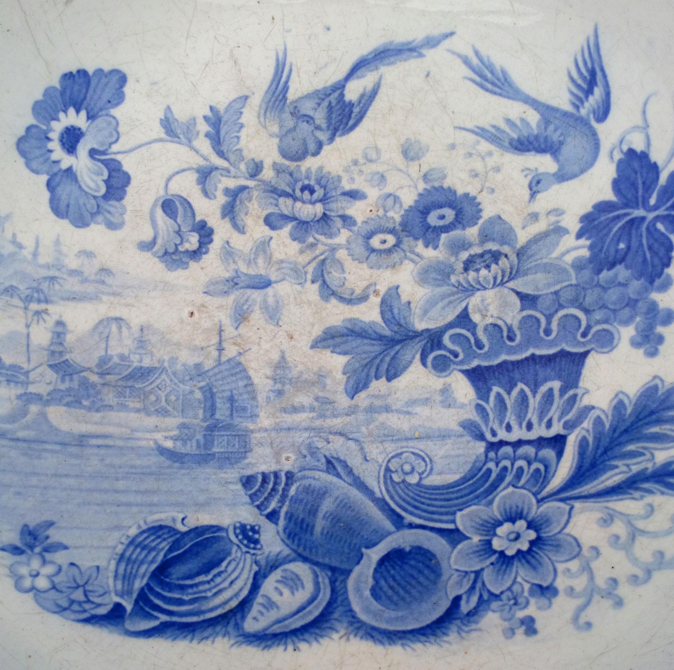 Antique Pearlware Punch Bowl Transfer Printed Oriental Shells Cornucopia Pattern circa 1825
