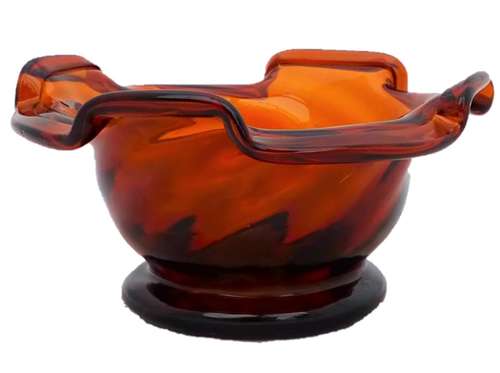Antique Victorian amber glass wrythen sweetmeat bowl or pan with a pinched and folded rim circa 1850