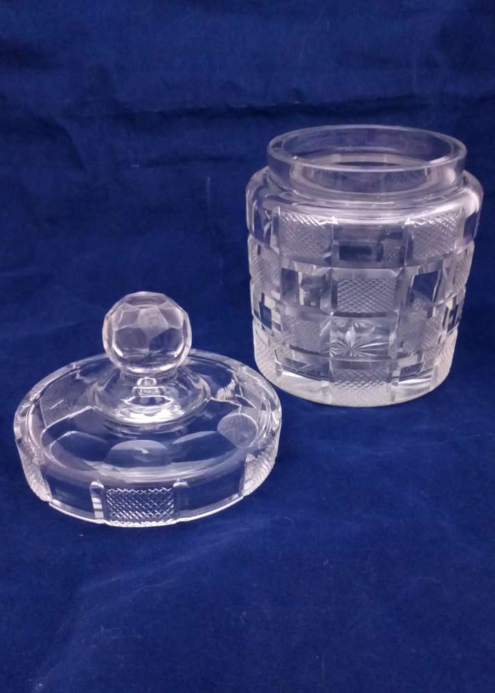 Antique Georgian lidded butter dish chequered cut glass cylindrical shape circa 1820
