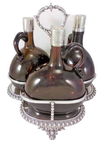 Set of Three Decanters on Stand Victorian Amber Glass and Silver Plate c 1870