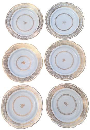 Set Six John Rose Coalport Porcelain Dessert Plates Gilt Ellipse & Dot c 1798