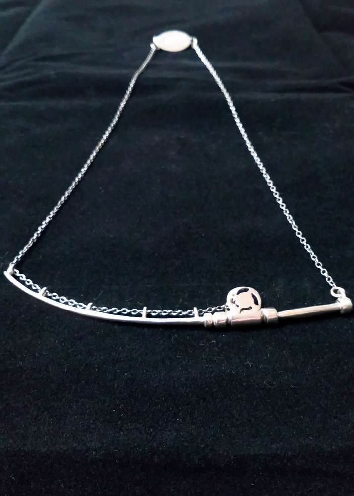 Unique vintage craftsman made realistically modelled silver fly fishing rod necklace engraved salmon on the clasp.